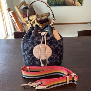 Coach Black and Tan Bucket Bag with Multicolor Strap